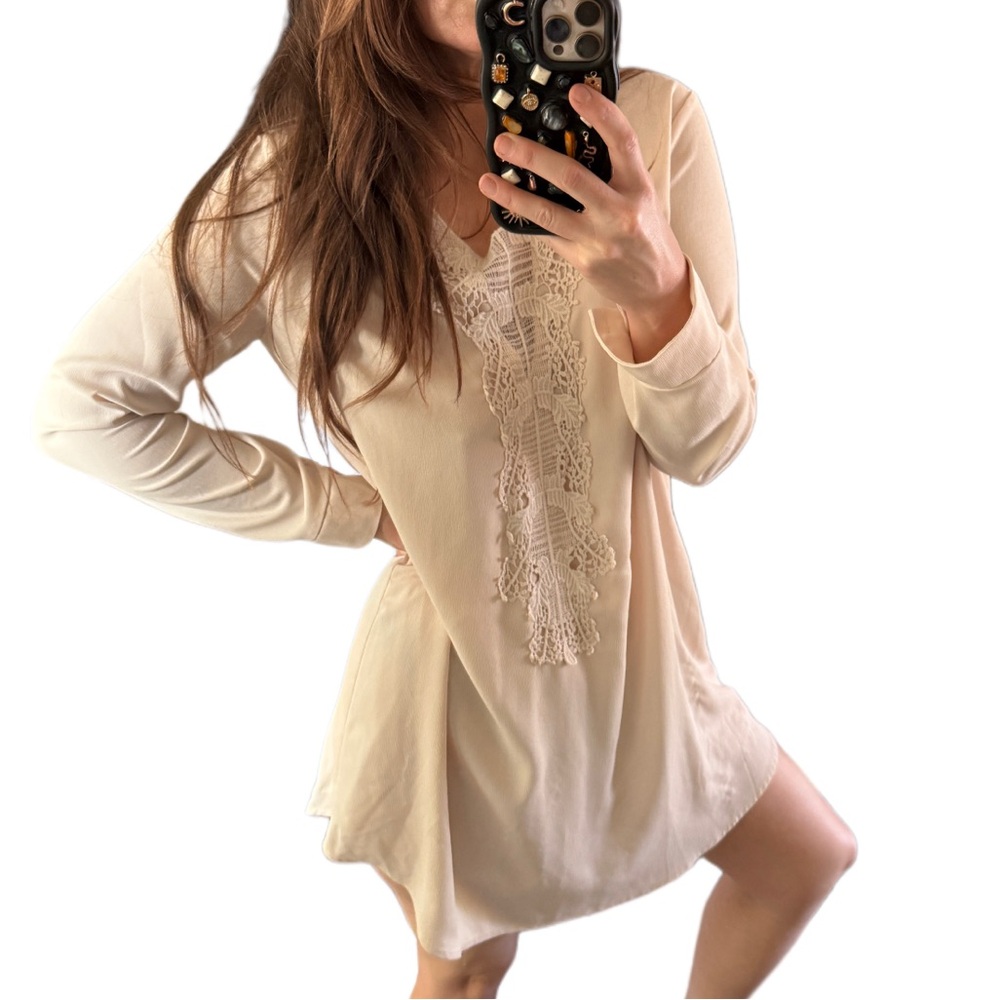 ASTR lace white beige tunic style shift dress boho sz m